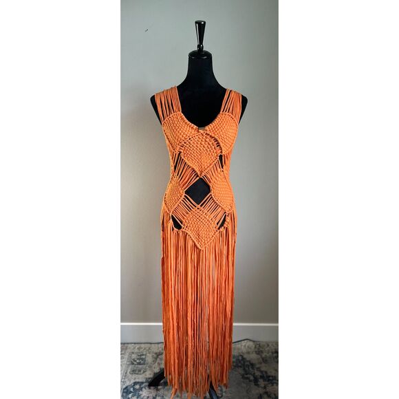Women's Orange Fringe Macrame Sleeveless Maxi Dress Size S - Picture 1 of 7